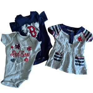 Boston Red Sox MLB Baby Girl 3 Piece Lot Bodysuits and Dress 3-6M 12M Navy Gray